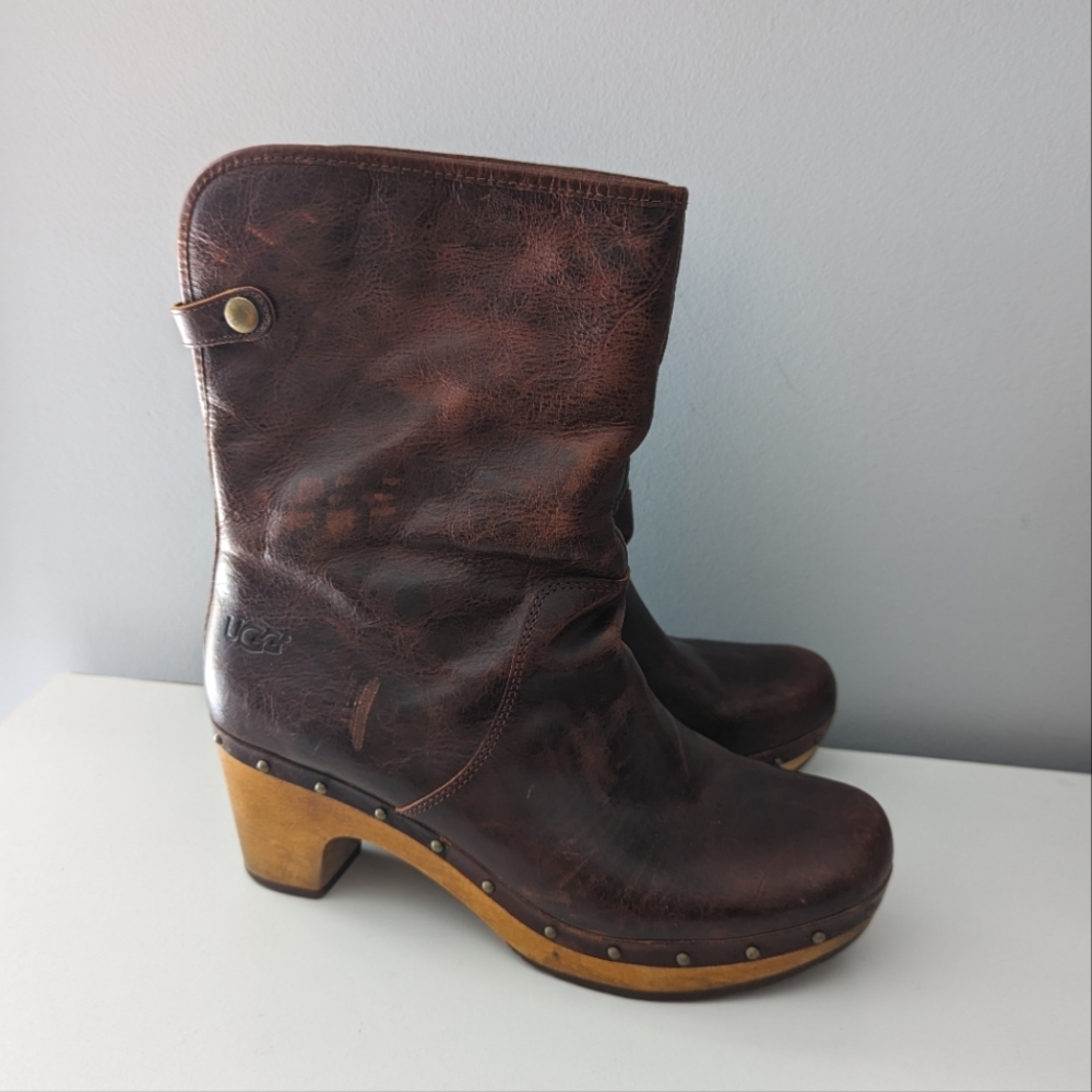Women's UGG Brown Leather Sherpa Lined Boots Wooden Heel Size 10